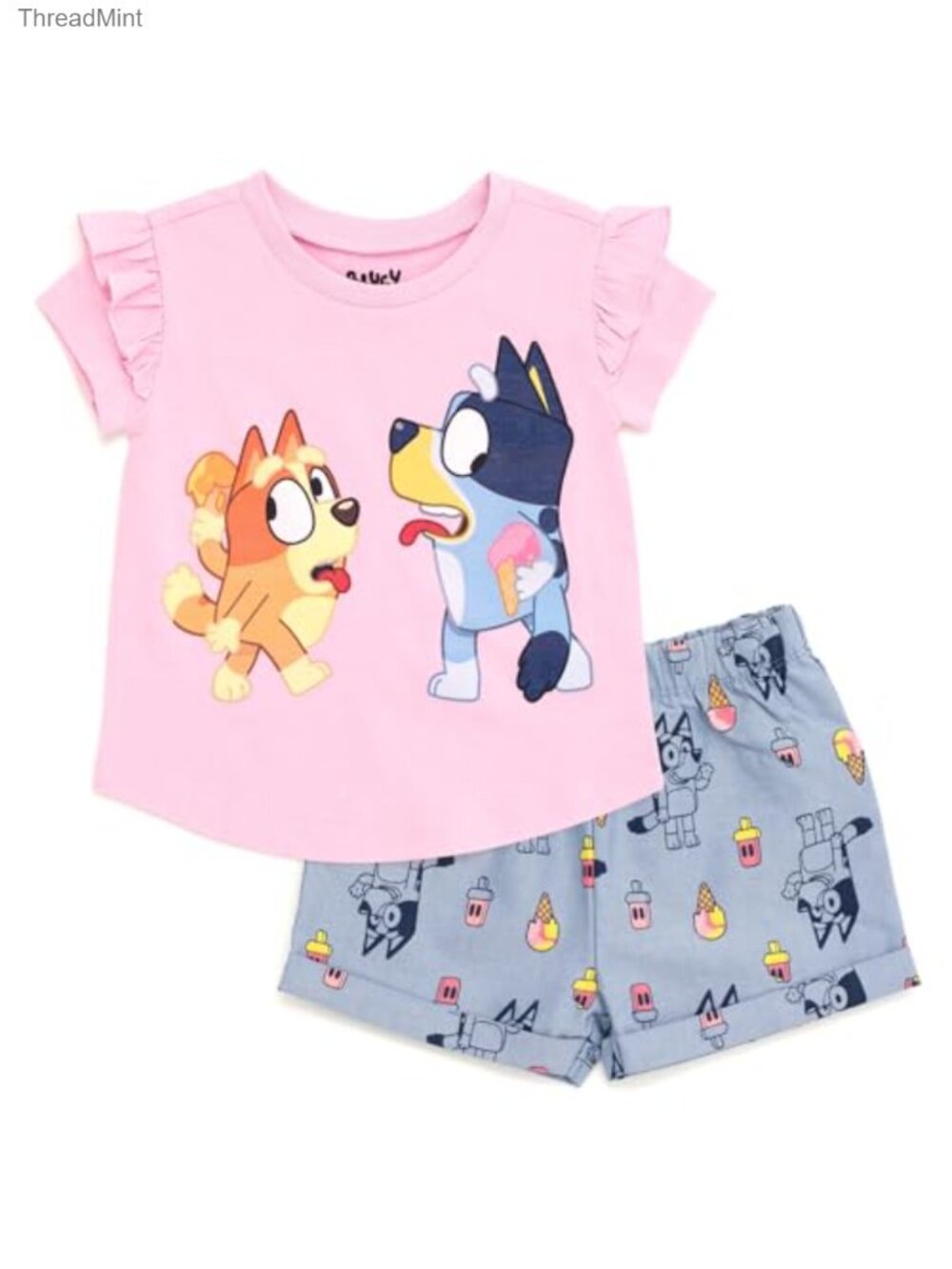 Girls Bluey Ruffle Sleeve Tee & Chambray Shorts 2-Piece Outfit Set